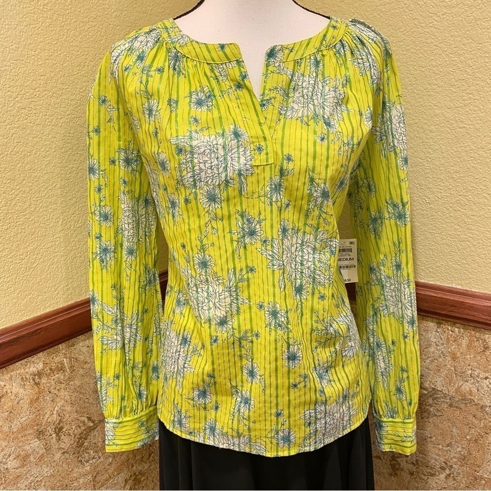 Style & Co NWT Chartreuse Metallic Floral Long Sleeve Top Blouse Shirt Size Med